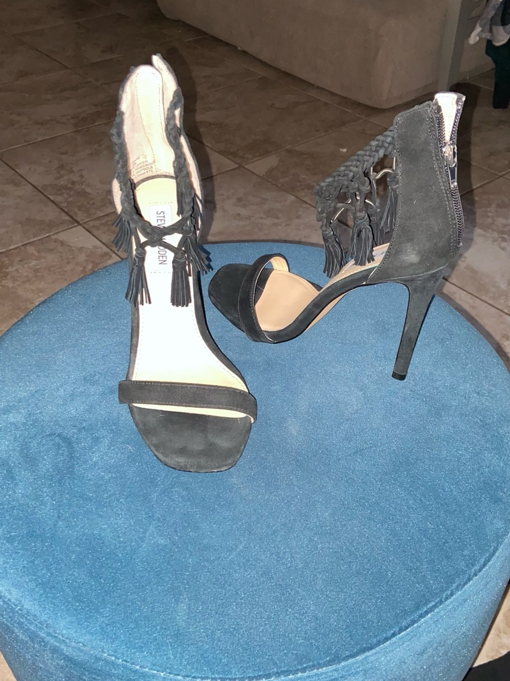 Steve Madden Black Suede Tassel Braided Ankle-Strap Heels